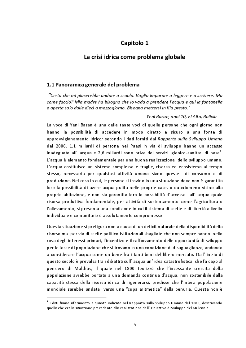Estratto dalla tesi: La crisi idrica dal contesto internazionale al caso boliviano. Cochabamba tra la Guerra dell'Acqua e il progetto di cooperazione ''Yaku al sur''