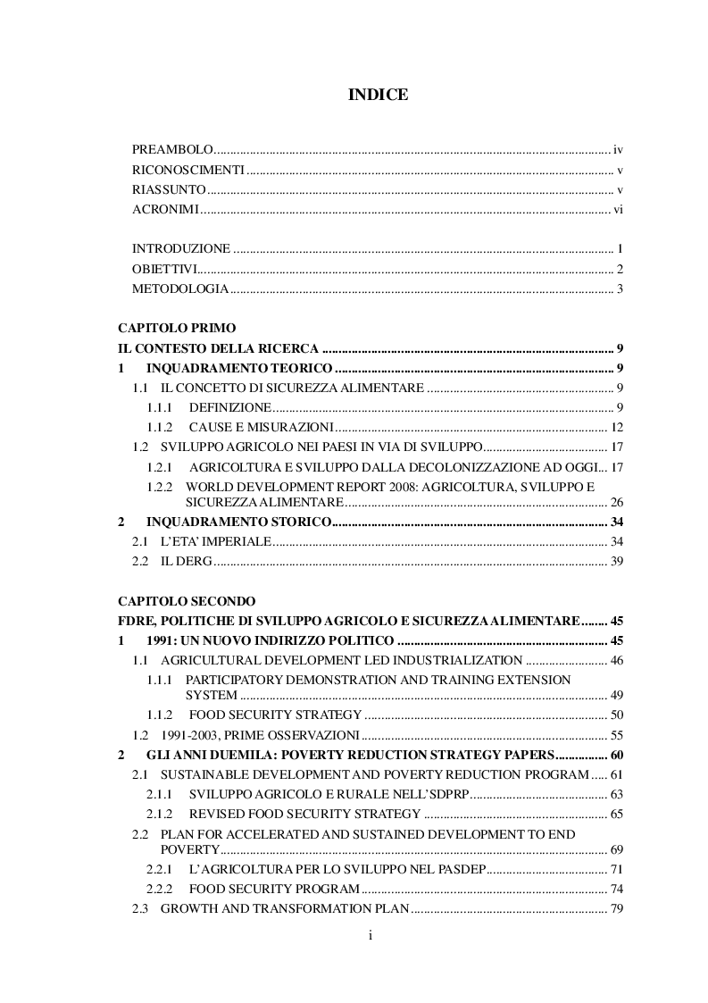 Indice della tesi: Politiche agricole e sicurezza alimentare in Etiopia. I casi dei distretti di Shashamane e Alaba, Pagina 1