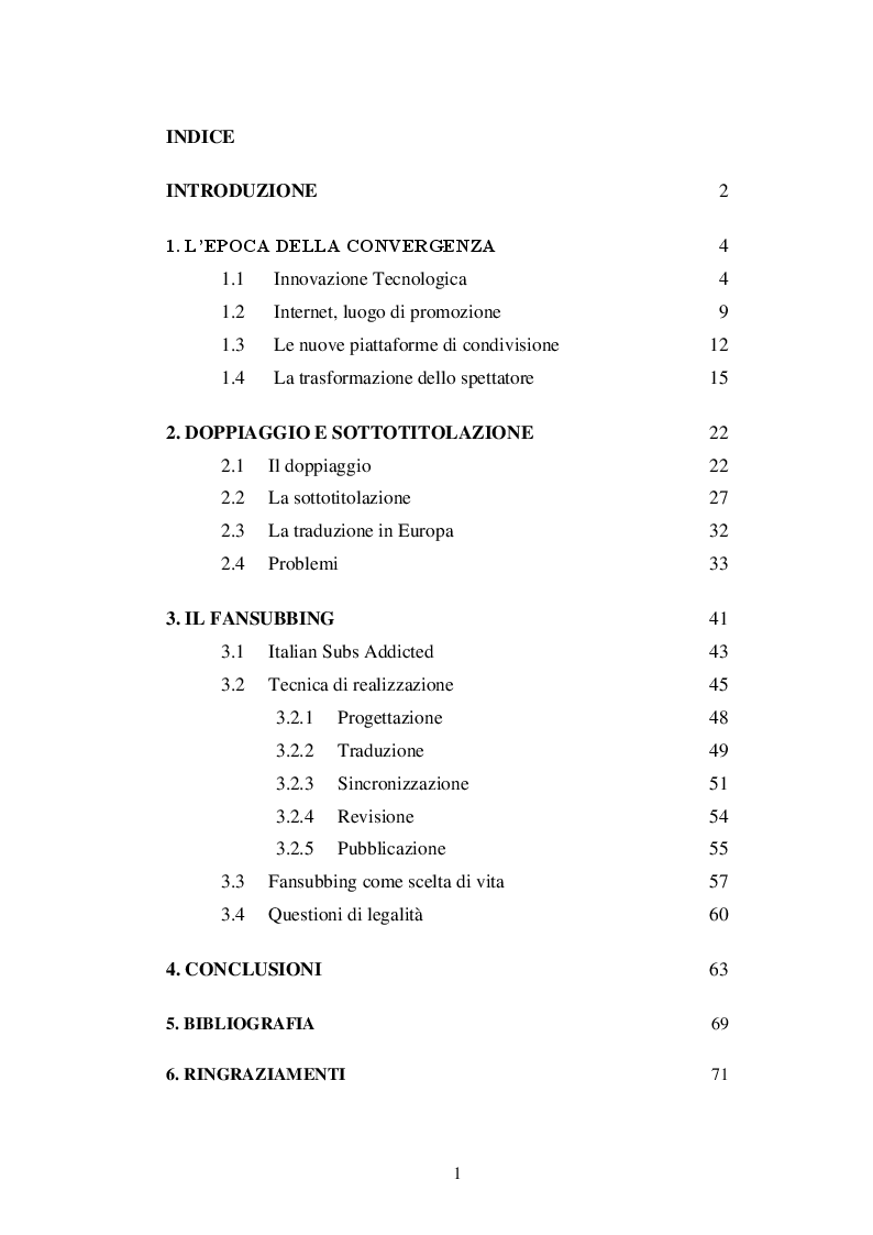 Indice della tesi: Il Fansubbing ai tempi della convergenza, Pagina 1
