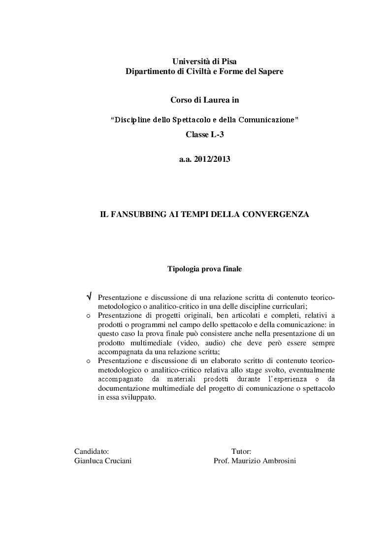 Anteprima della tesi: Il Fansubbing ai tempi della convergenza, Pagina 1