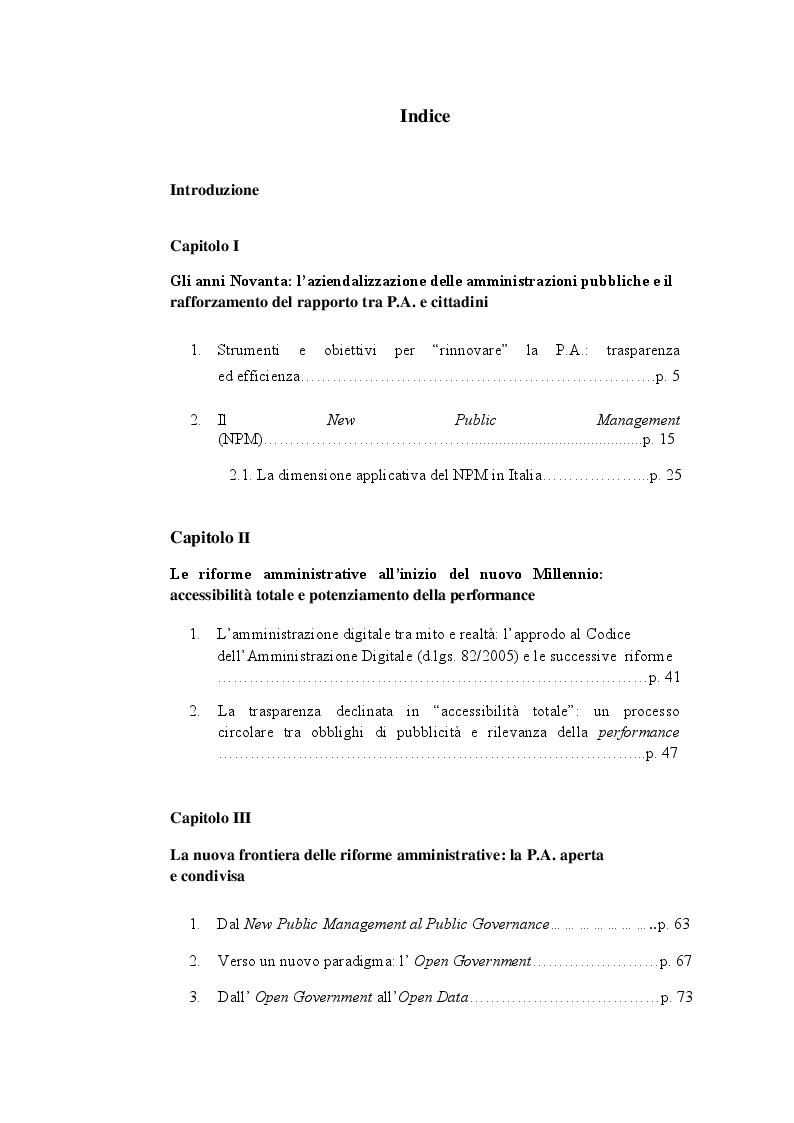 Indice della tesi: Le stagioni delle riforme amministrative: dal New Public Management all'Open Government, Pagina 1