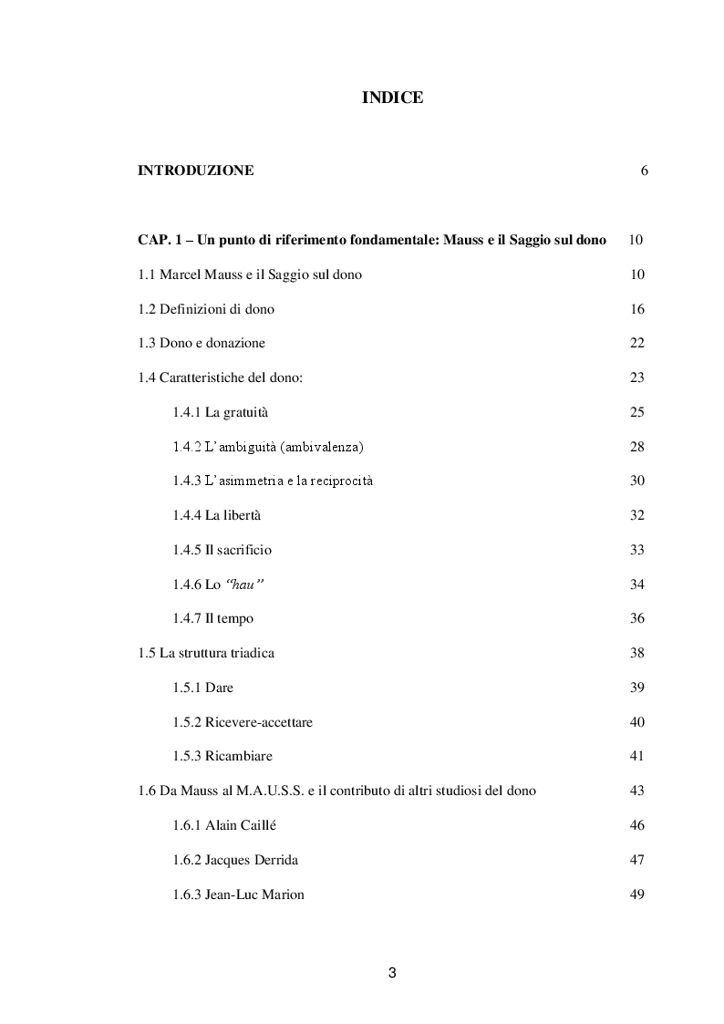 Indice della tesi: Il dono generatore di relazioni, Pagina 1