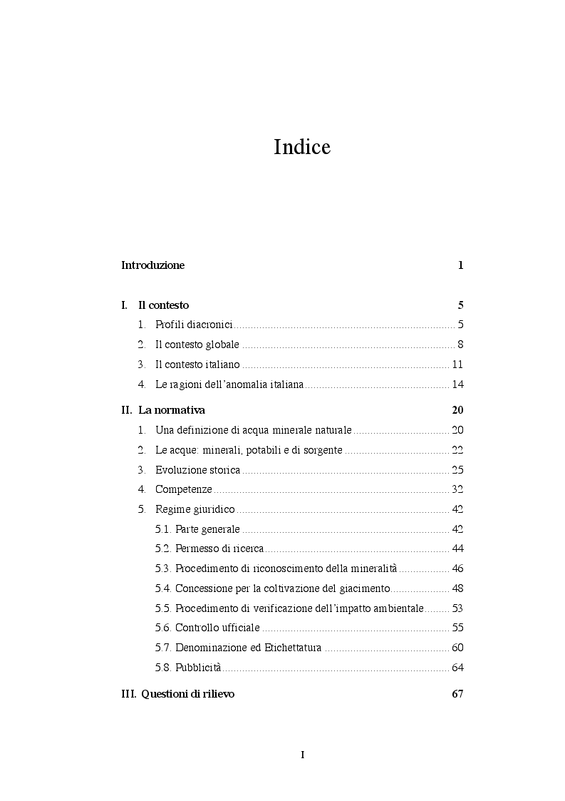Indice della tesi: Analisi economica del diritto ed assetti proprietari: il caso delle acque minerali, Pagina 1