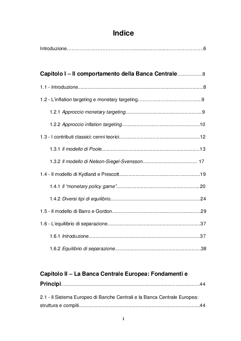 Indice della tesi: La BCE - Fondamenti teorici ed evidenze empiriche, Pagina 1