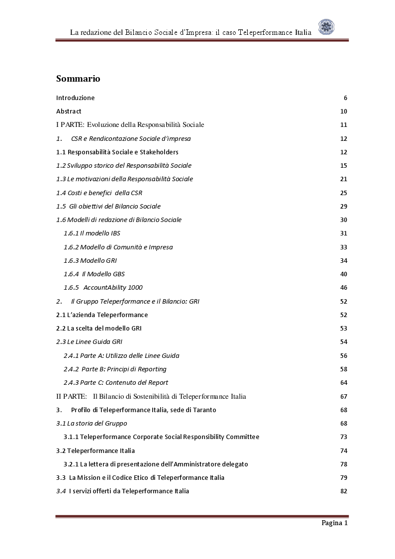 Indice della tesi: La redazione del Bilancio Sociale d'Impresa: Il caso Teleperformance Italia, Pagina 1