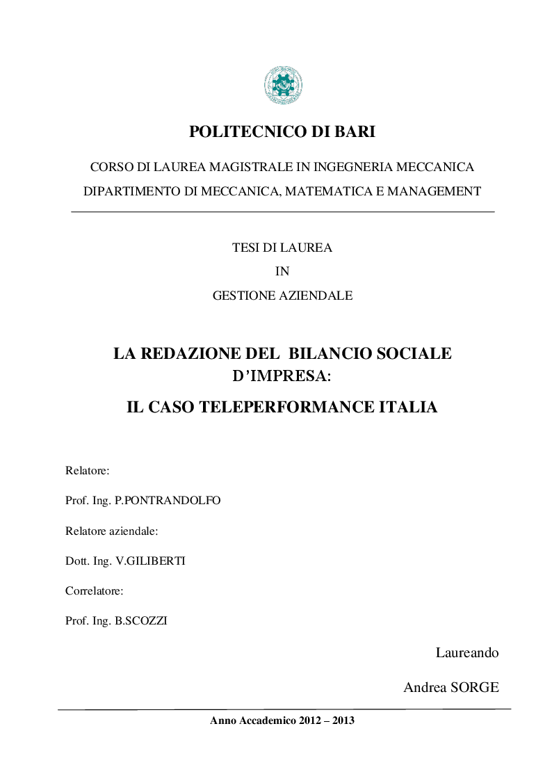 Anteprima della tesi: La redazione del Bilancio Sociale d'Impresa: Il caso Teleperformance Italia, Pagina 1