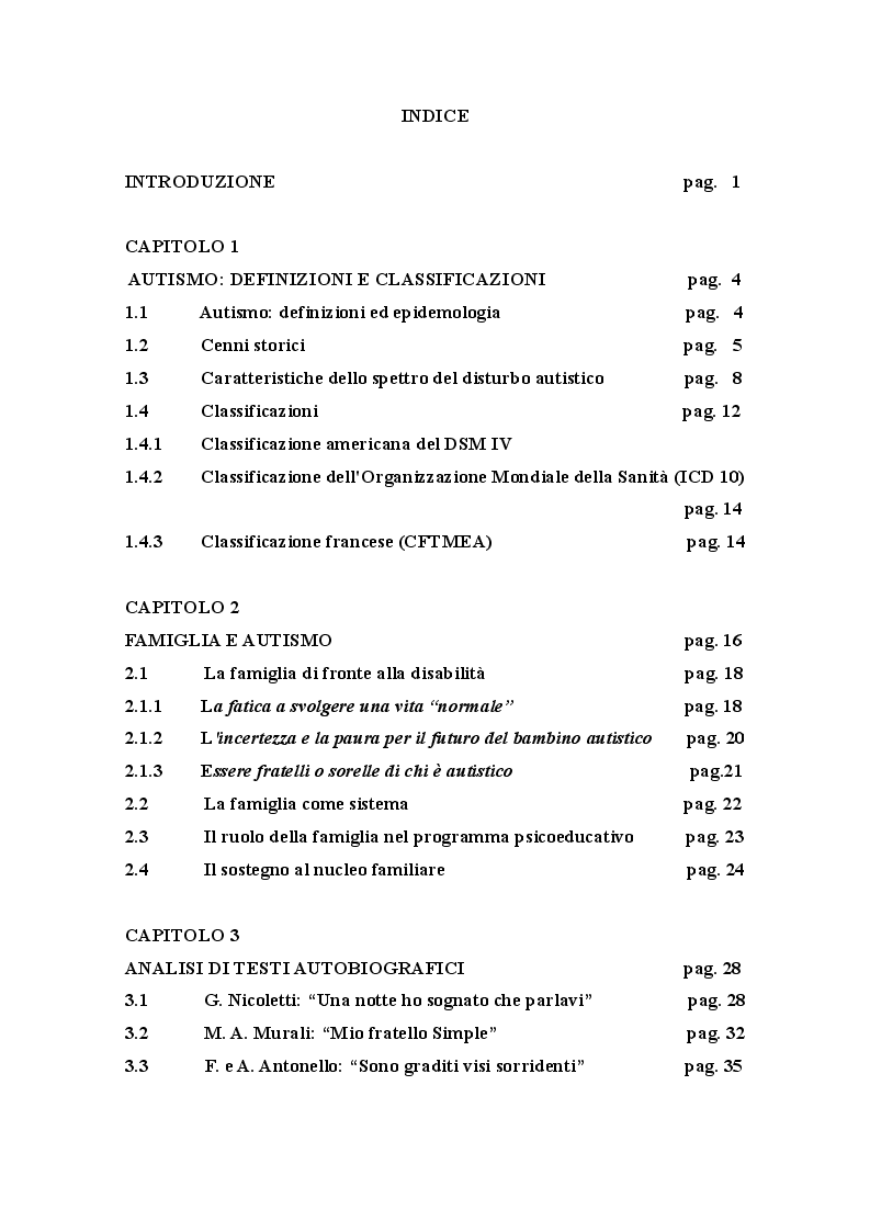 Indice della tesi: Autismo e famiglia: dalla diagnosi all'intervento educativo, Pagina 1