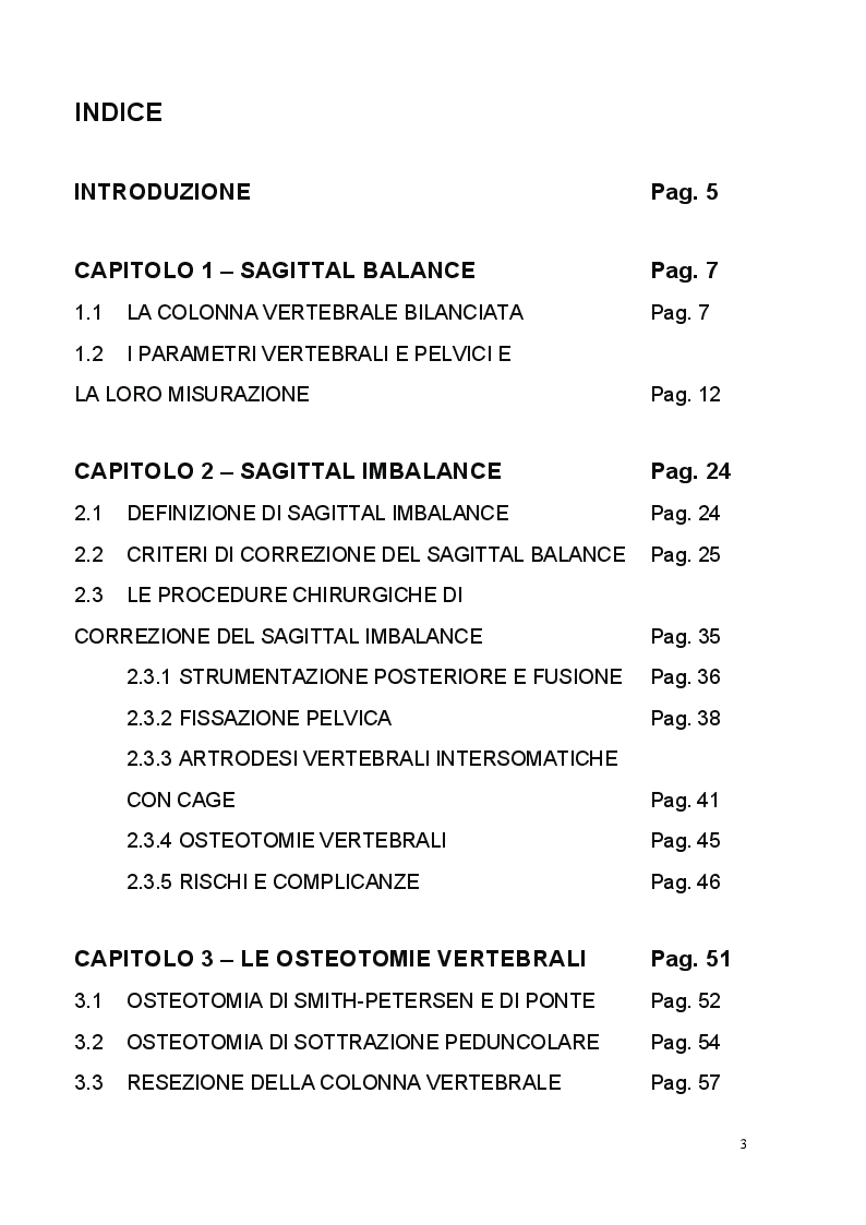 Indice della tesi: Le osteotomie vertebrali nel trattamento delle patologie spinali maggiori, Pagina 1