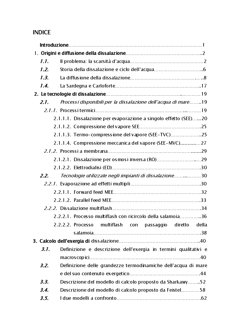 Indice della tesi: Valutazione dell'exergia di dissalazione, Pagina 1