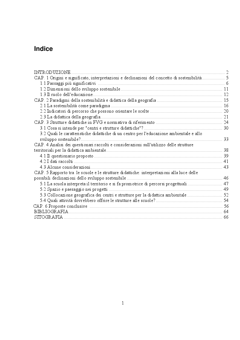 Indice della tesi: Scuole primarie e centri per l'educazione ambientale e alla sostenibilità in Friuli Venezia Giulia:, Pagina 1