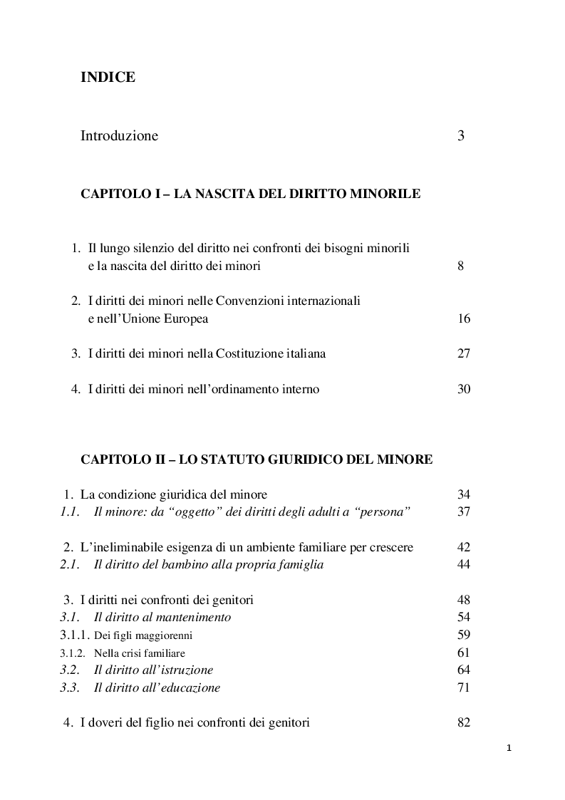 Indice della tesi: L'interesse del minore nell'ordinamento giuridico, Pagina 1