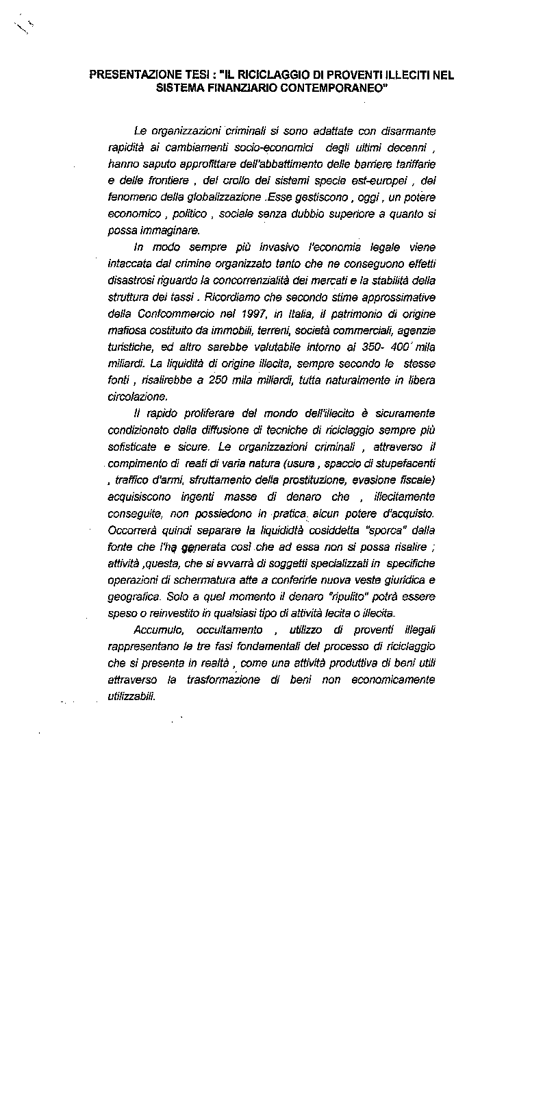 Anteprima della tesi: Il riciclaggio di proventi illeciti nel sistema finanziario contemporaneo, Pagina 1