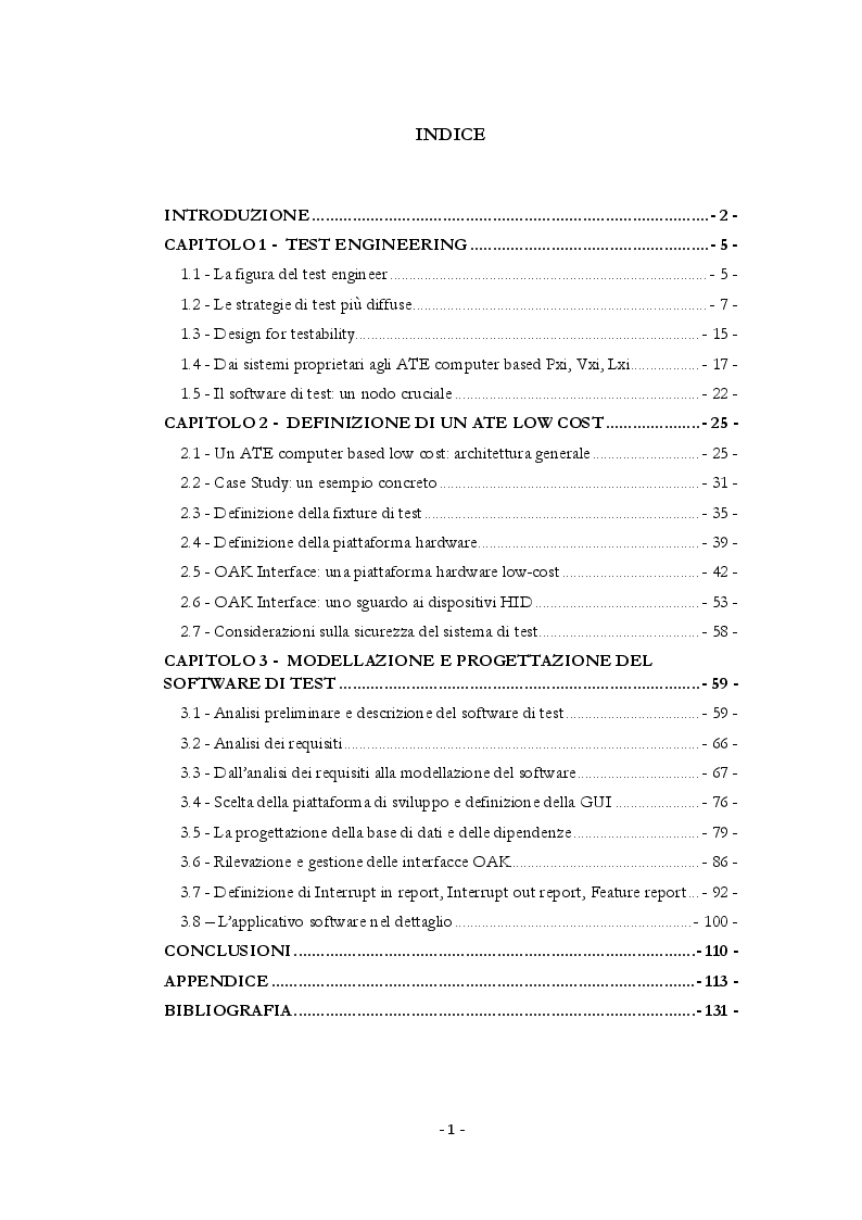 Indice della tesi: Automatic test equipment: dal design for testability allo sviluppo del software di test, Pagina 1