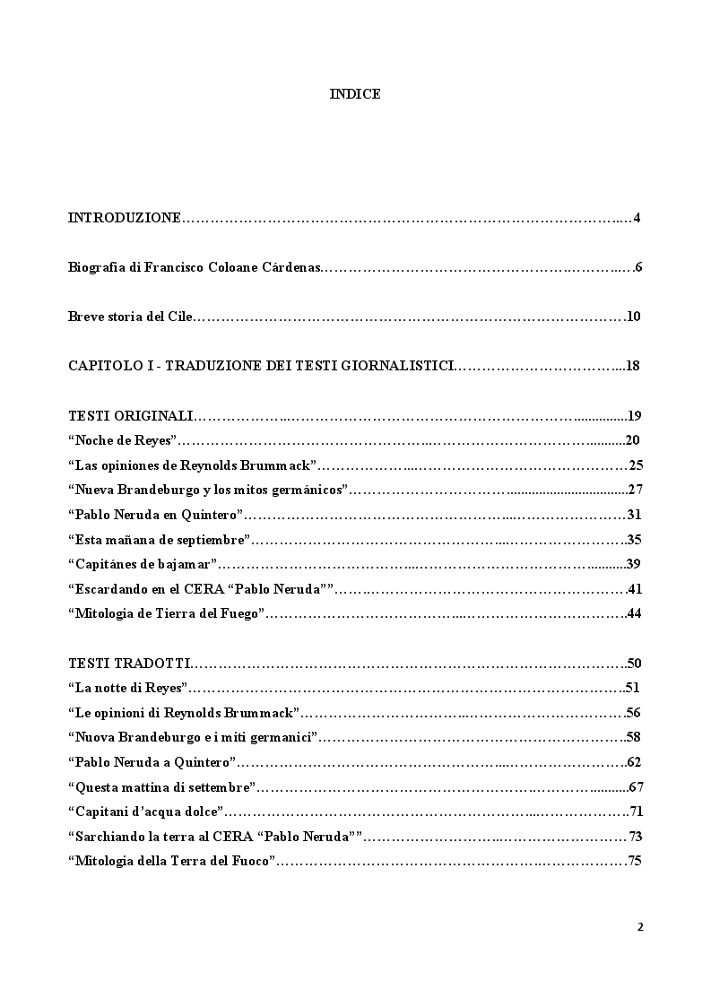 Indice della tesi: Il giornalismo di Francisco Coloane. Traduzione e analisi di alcuni testi., Pagina 1