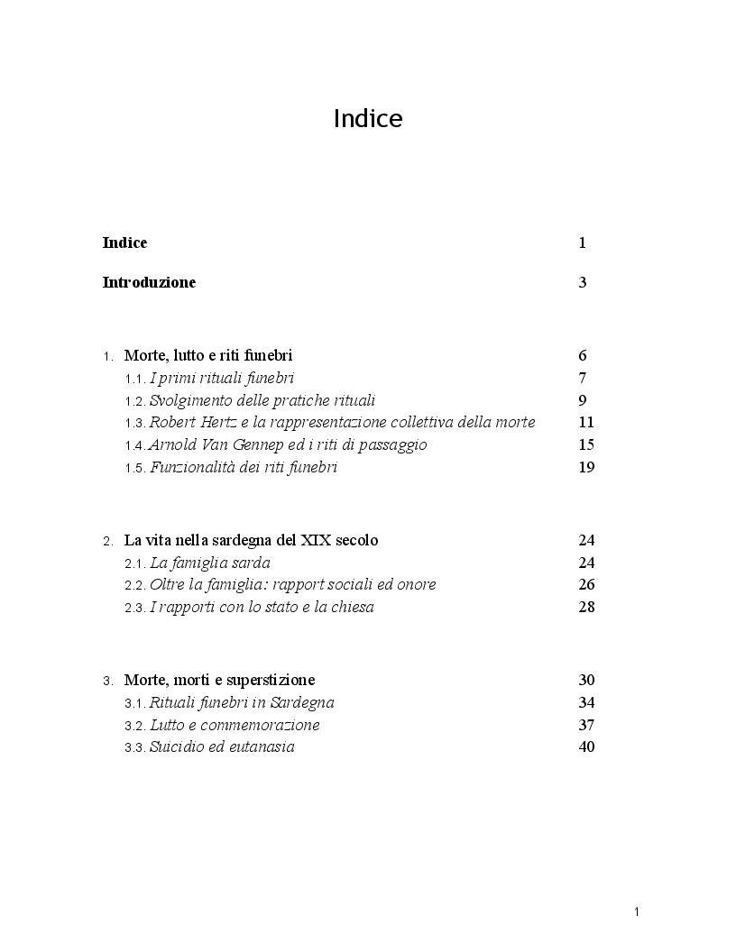 Indice della tesi: Morte e riti funebri nella cultura popolare sarda, Pagina 1