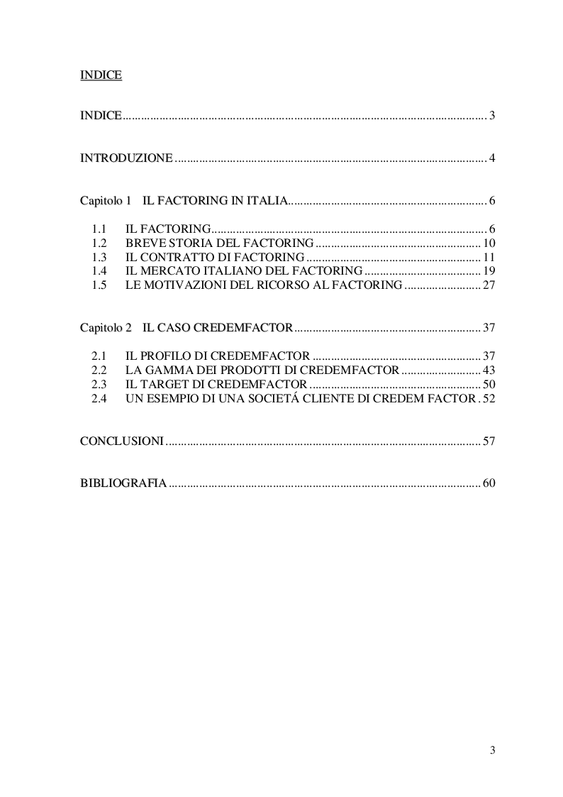 Indice della tesi: Lo sviluppo del factoring in Italia. Il caso Credem, Pagina 1