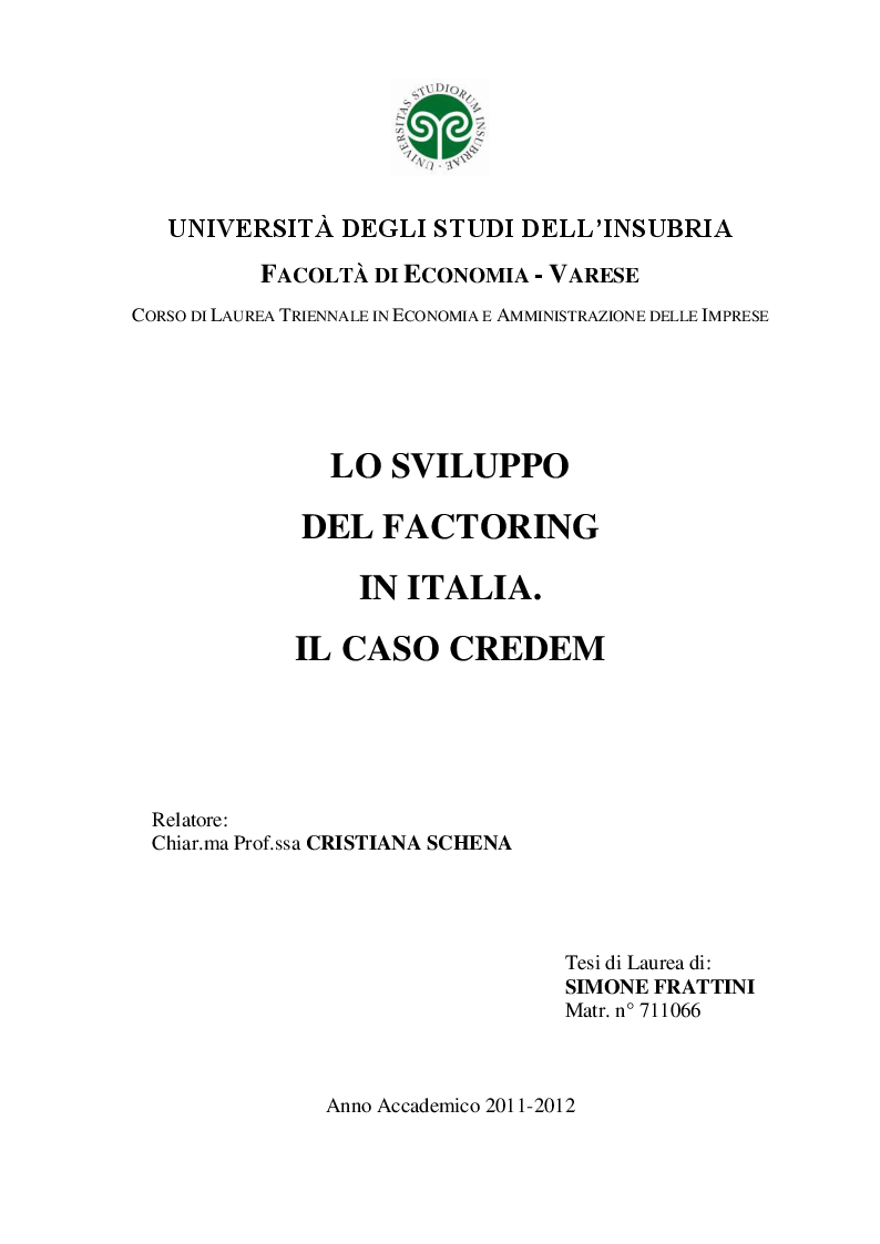 Anteprima della tesi: Lo sviluppo del factoring in Italia. Il caso Credem, Pagina 1