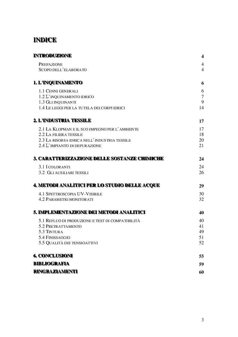 Indice della tesi: Implementazione di metodi analitici per ridurre l'impatto ambientale del refluo tessile, Pagina 1