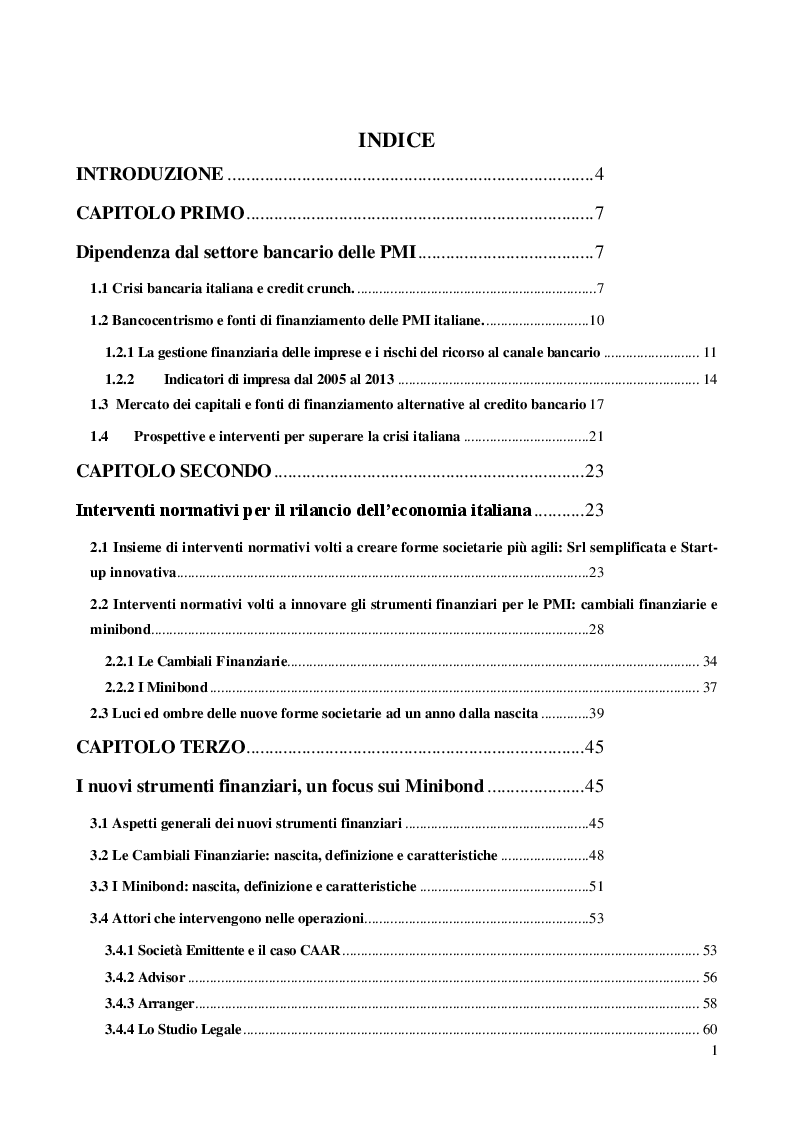 Indice della tesi: Forme di finanziamento delle PMI e prospettive di utilizzo dei Minibond. Una indagine statistica sulla risposta del mercato., Pagina 1
