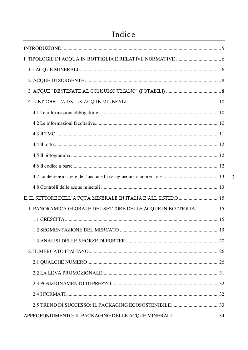 Indice della tesi: Strategie di internazionalizzazione nel mercato delle acque minerali: San Benedetto S.p.A., il caso di un brand italiano all'estero, Pagina 1