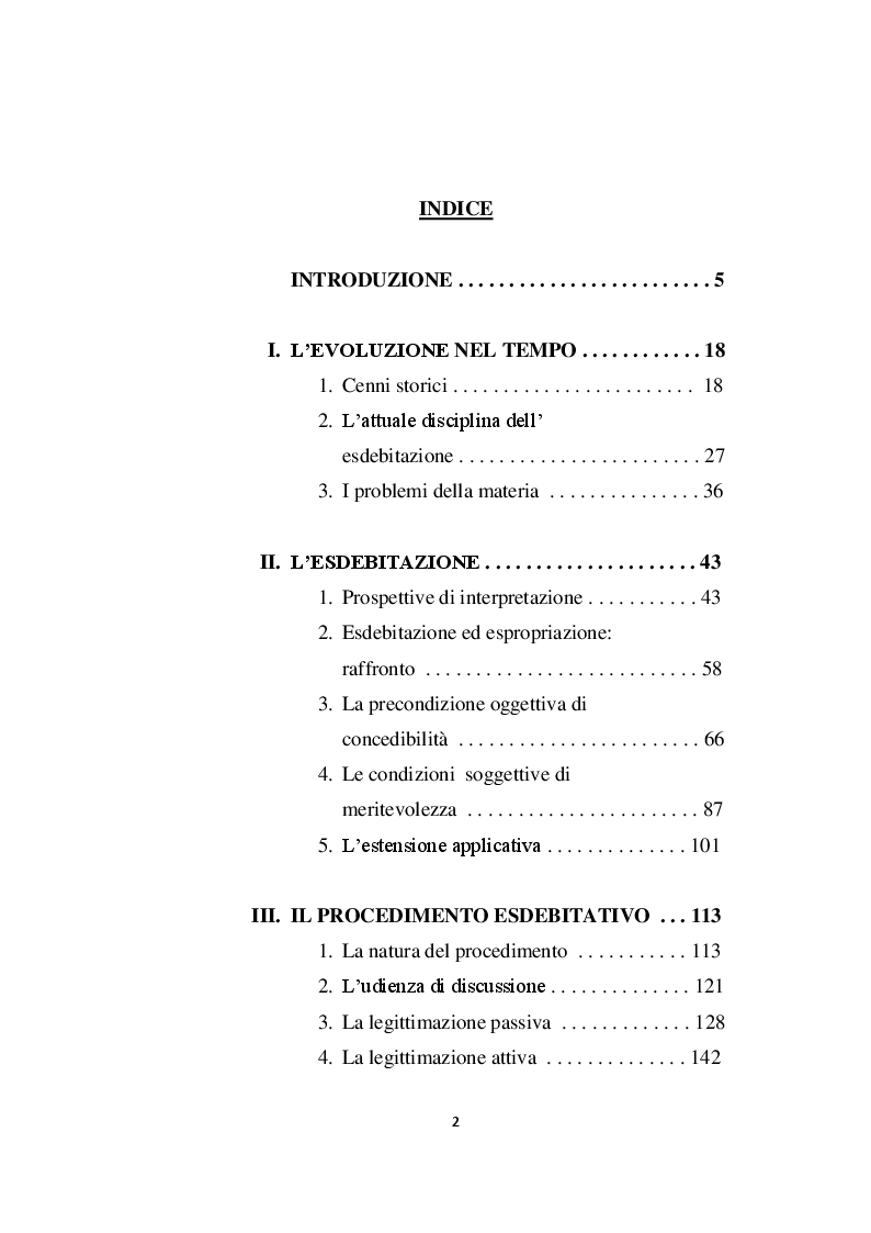 Indice della tesi: L'esdebitazione nel nuovo sistema di diritto fallimentare, Pagina 1