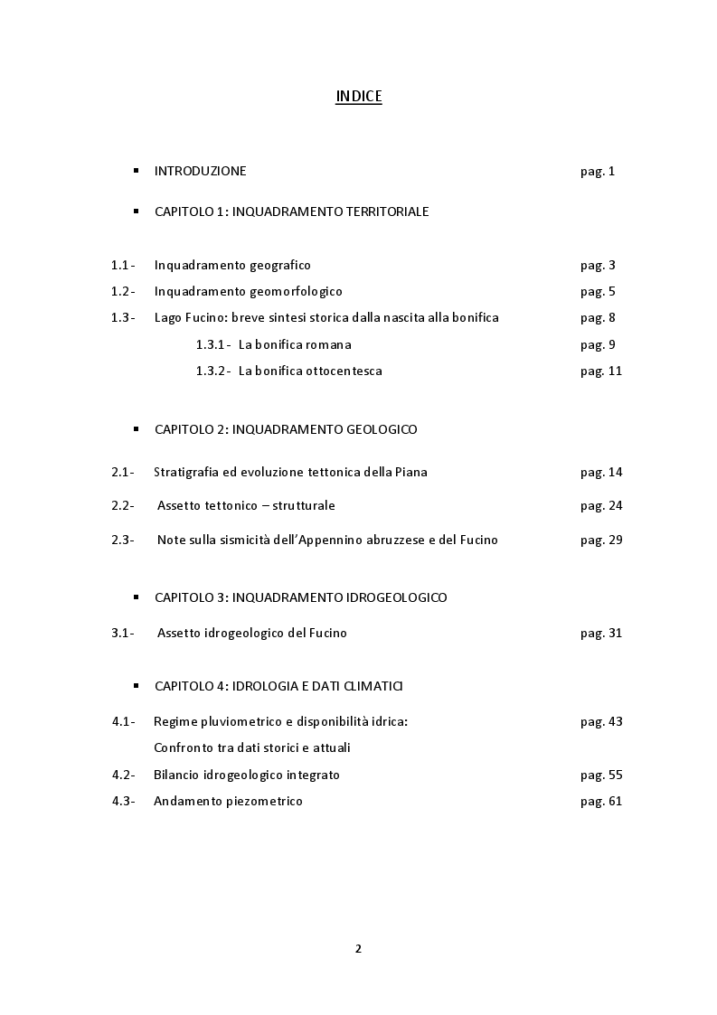 Indice della tesi: Aggiornamento dello stato di inquinamento da composti azotati nelle acque superficiali e sotterranee della Piana del Fucino, Pagina 1