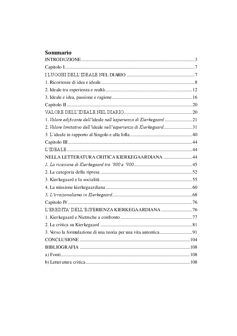 Indice della tesi: La dialettica di ideale ed esperienza nel Diario di Kierkegaard, Pagina 1