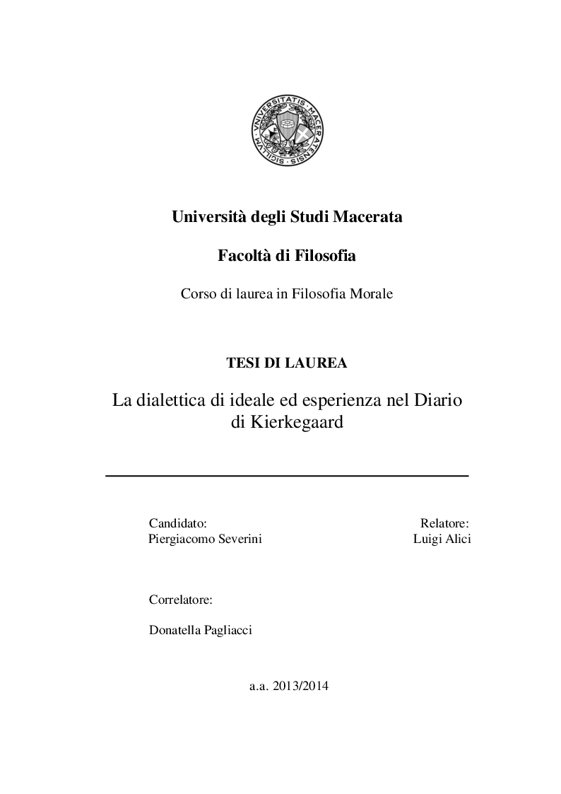 Anteprima della tesi: La dialettica di ideale ed esperienza nel Diario di Kierkegaard, Pagina 1