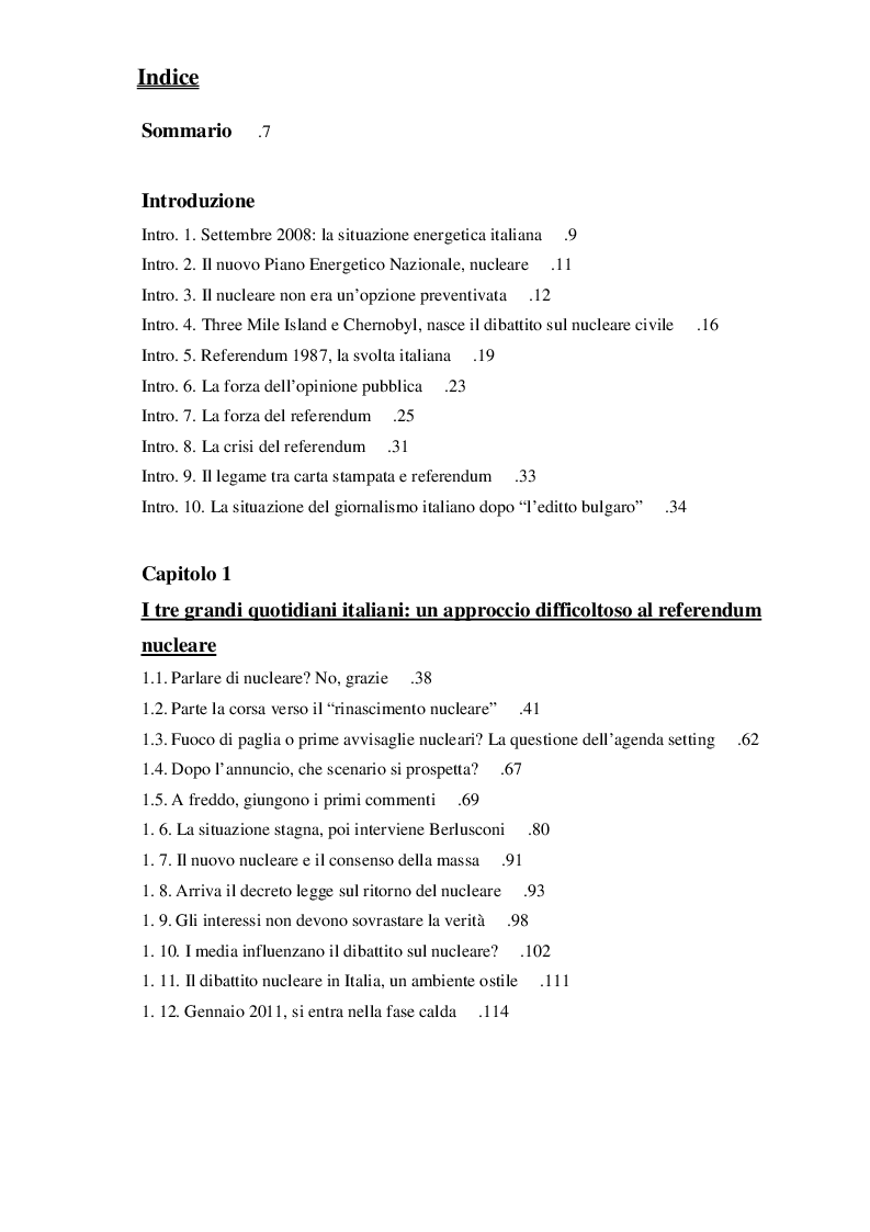 Indice della tesi: Il referendum nucleare nel 2011. La stampa italiana, strumentalizzazione e analisi del linguaggio, Pagina 1