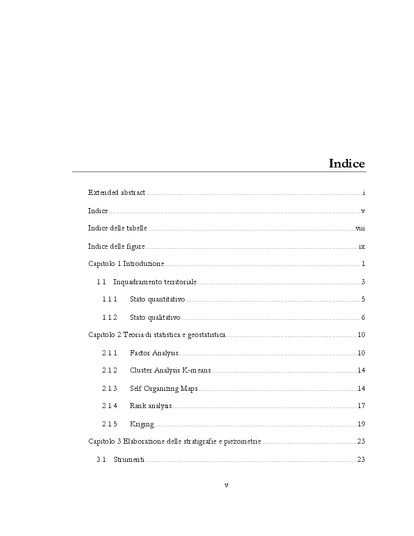 Indice della tesi: Applicazione di tecniche di analisi statistica multivariata allo studio degli acquiferi del Milanese, Pagina 1