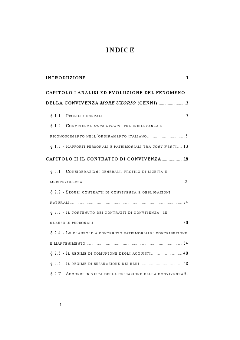 Indice della tesi: I contratti di convivenza, Pagina 1