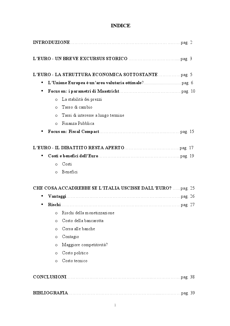 Indice della tesi: L'Italia e l'Euro: sfide ed opportunità, Pagina 1