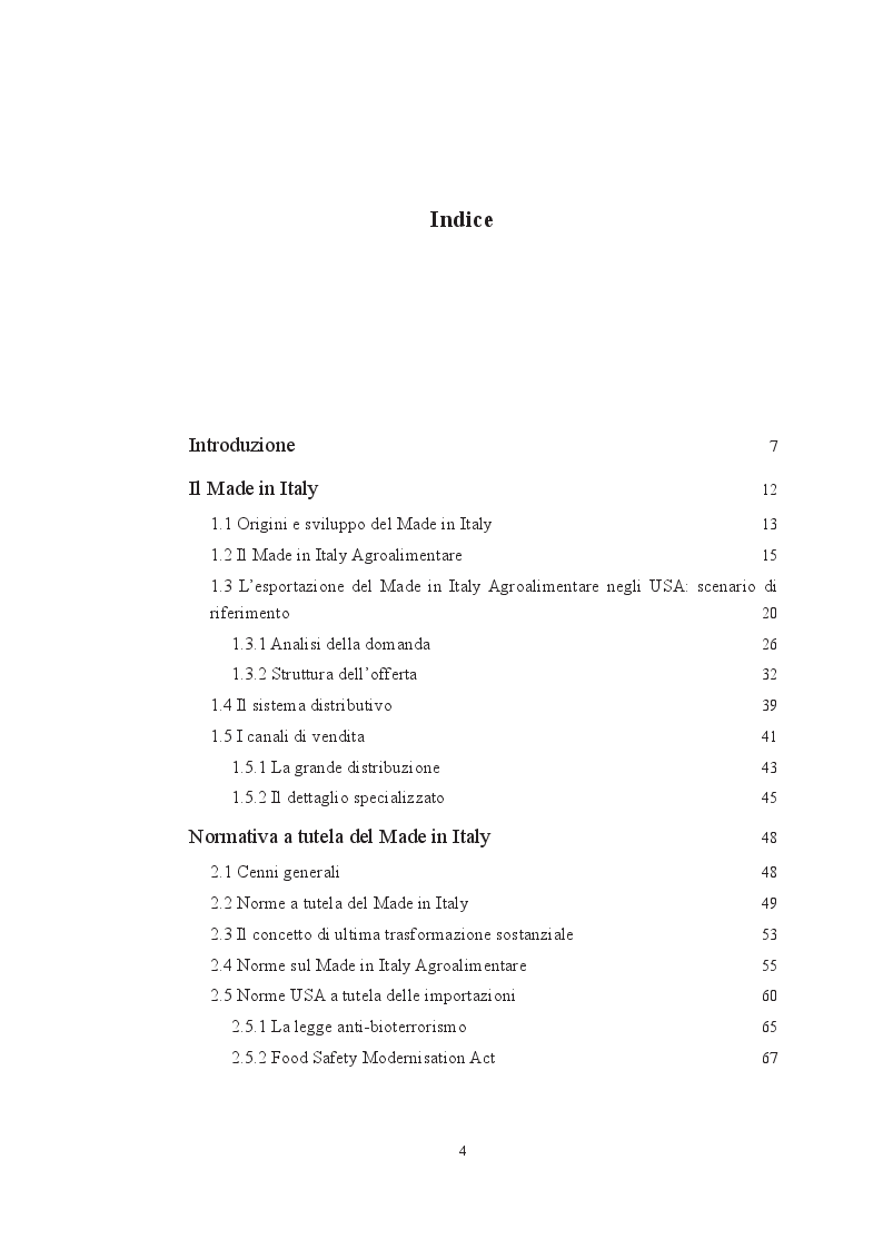 Indice della tesi: Il Made in Italy Agro-Alimentare il ruolo dell'innovazione nella tradizione , Pagina 1