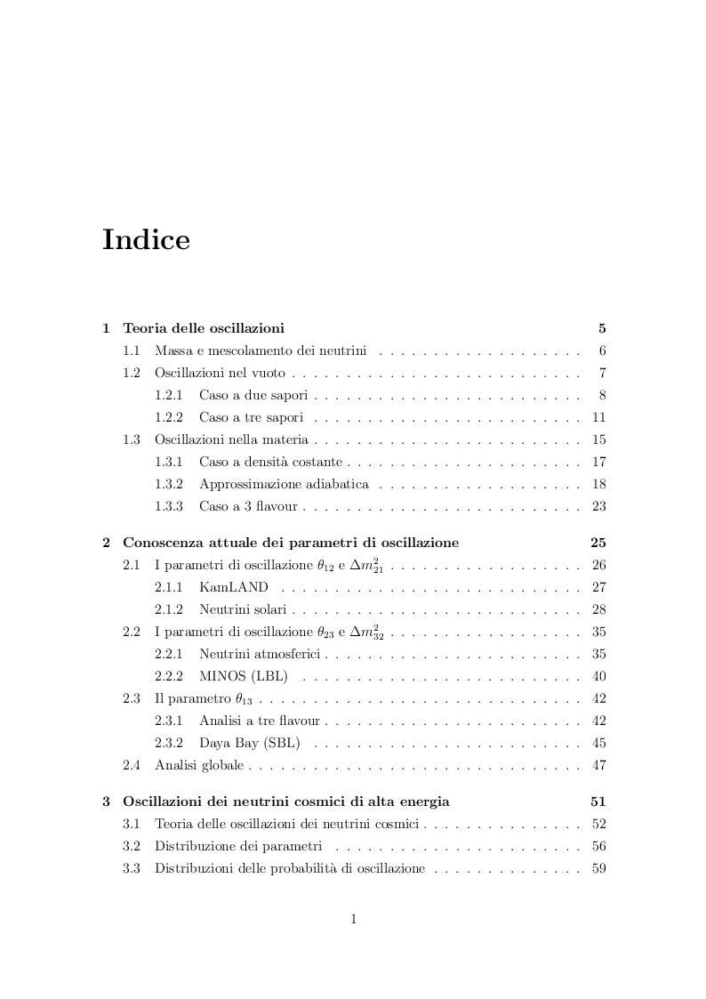 Indice della tesi: Fenomenologia delle oscillazioni di neutrini cosmici di alta energia, Pagina 1