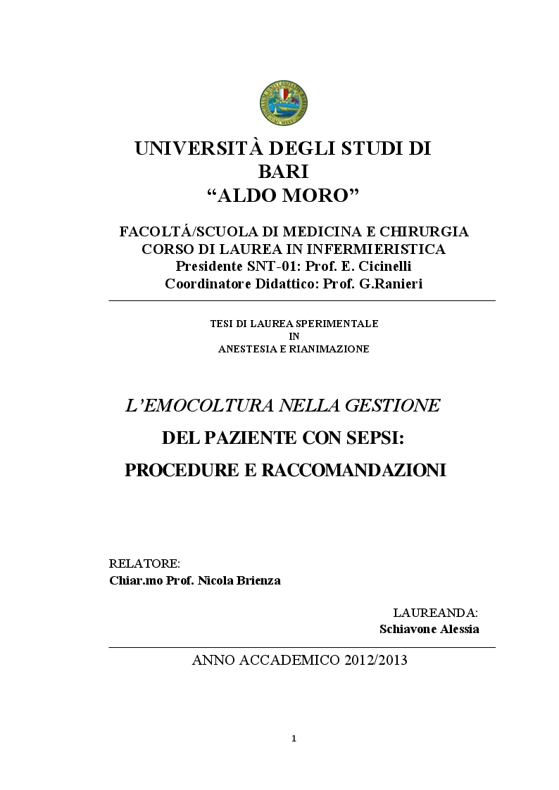 Anteprima della tesi: L'emocoltura nella gestione del paziente con sepsi: procedure e raccomandazioni, Pagina 1