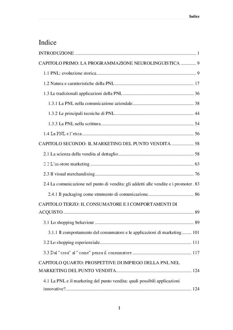 Indice della tesi: La Programmazione Neurolinguistica e le decisioni di marketing nel punto vendita, Pagina 1