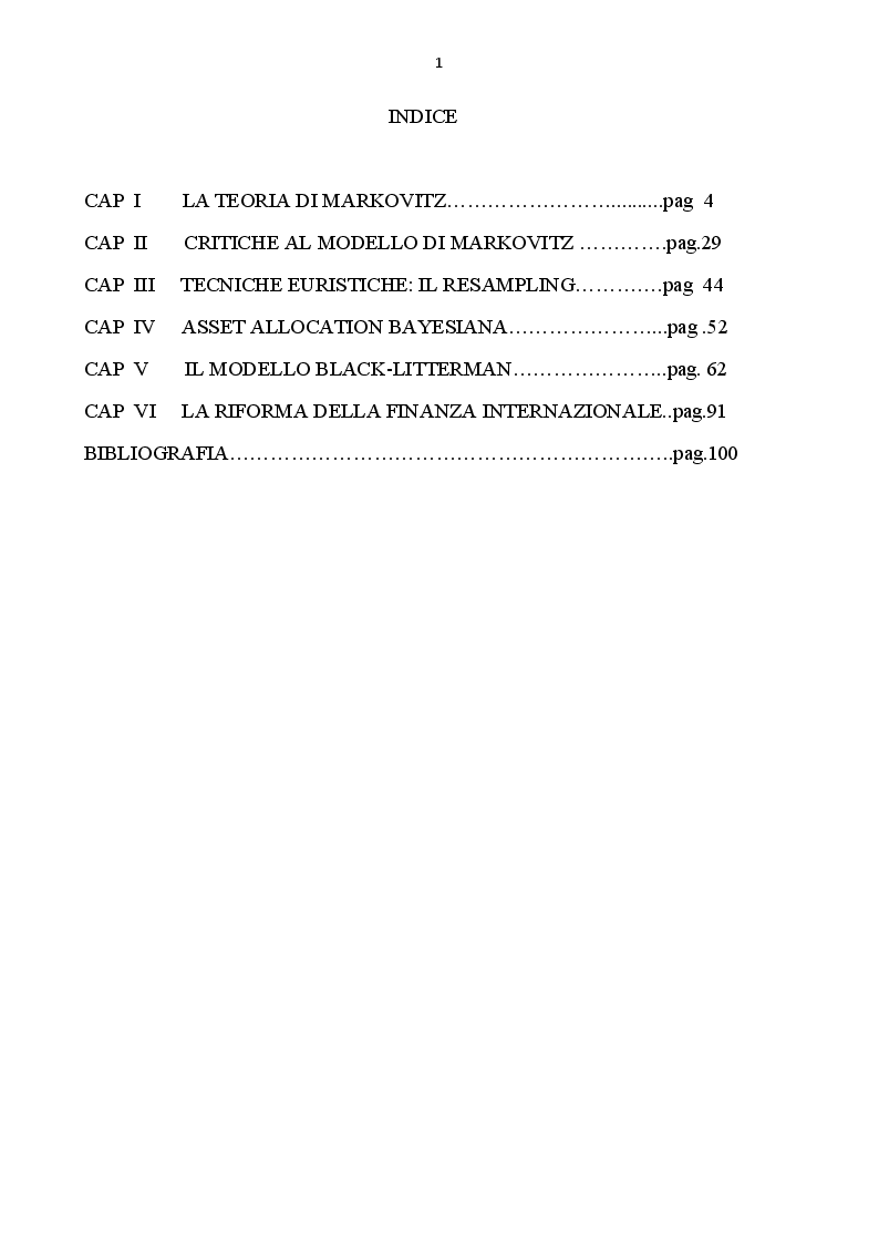 Indice della tesi: Dalla teoria di Markovitz alla statistica bayesiana: il modello Black - Littermann, Pagina 1