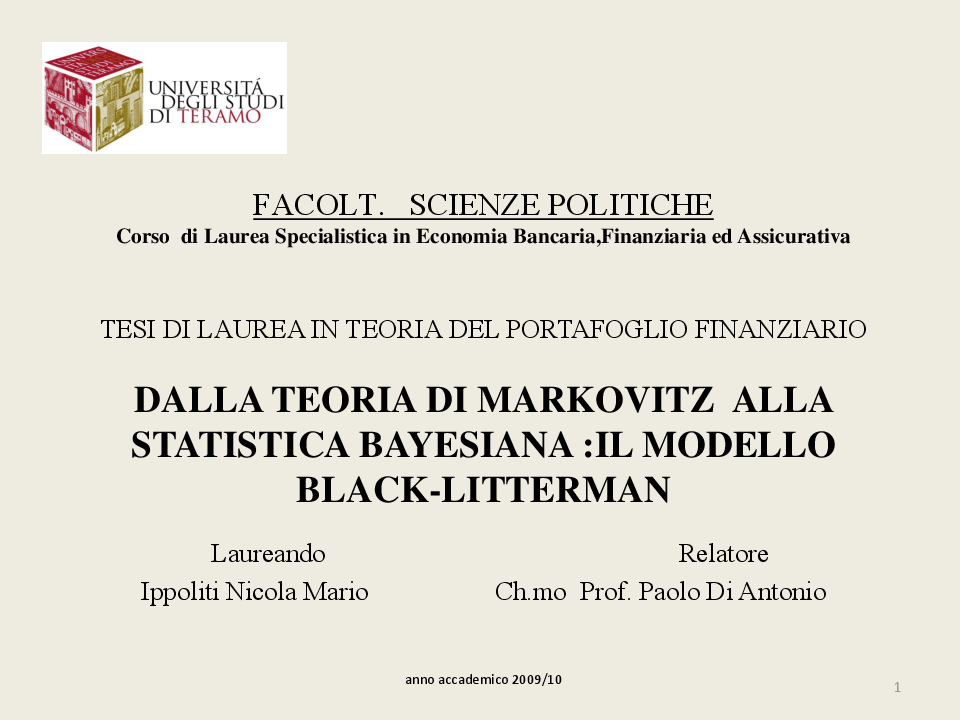 Anteprima della tesi: Dalla teoria di Markovitz alla statistica bayesiana: il modello Black - Littermann, Pagina 1