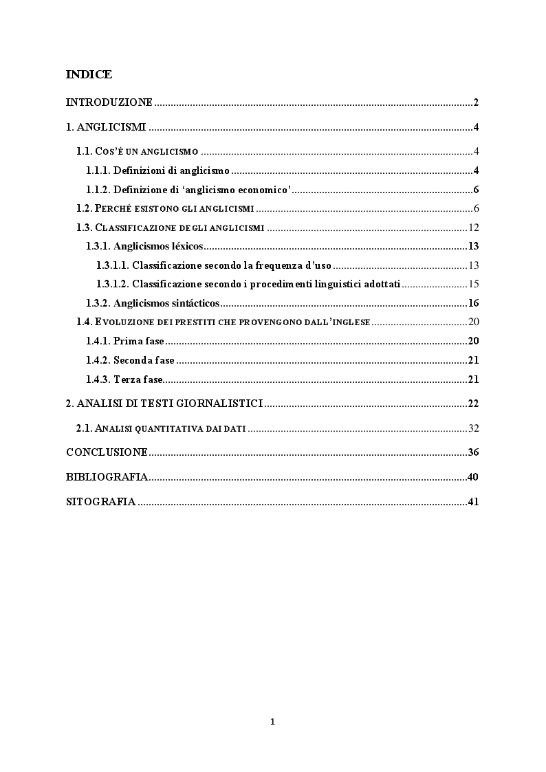Indice della tesi: Anglicismi nel linguaggio economico spagnolo: Analisi di testi giornalistici, Pagina 1