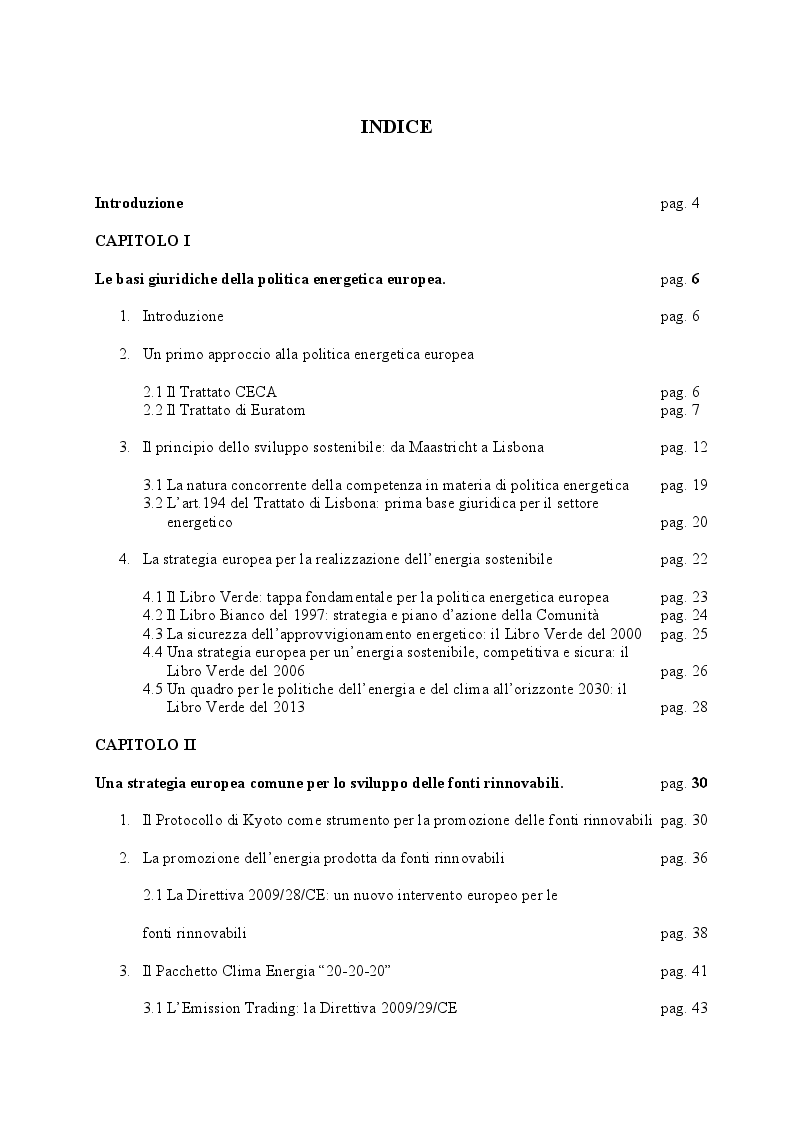 Indice della tesi: La promozione delle fonti rinnovabili nella politica energetica europea e nazionale, Pagina 1