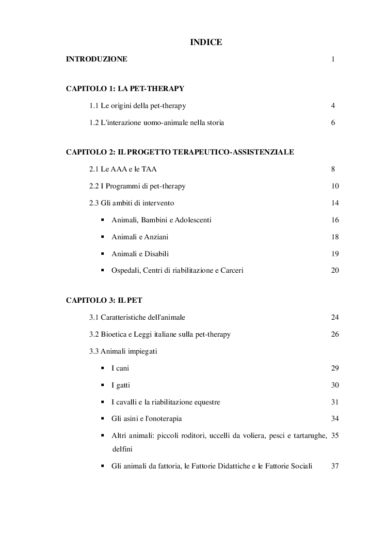 Indice della tesi: Pet-therapy: riflessioni e prospettive, Pagina 1