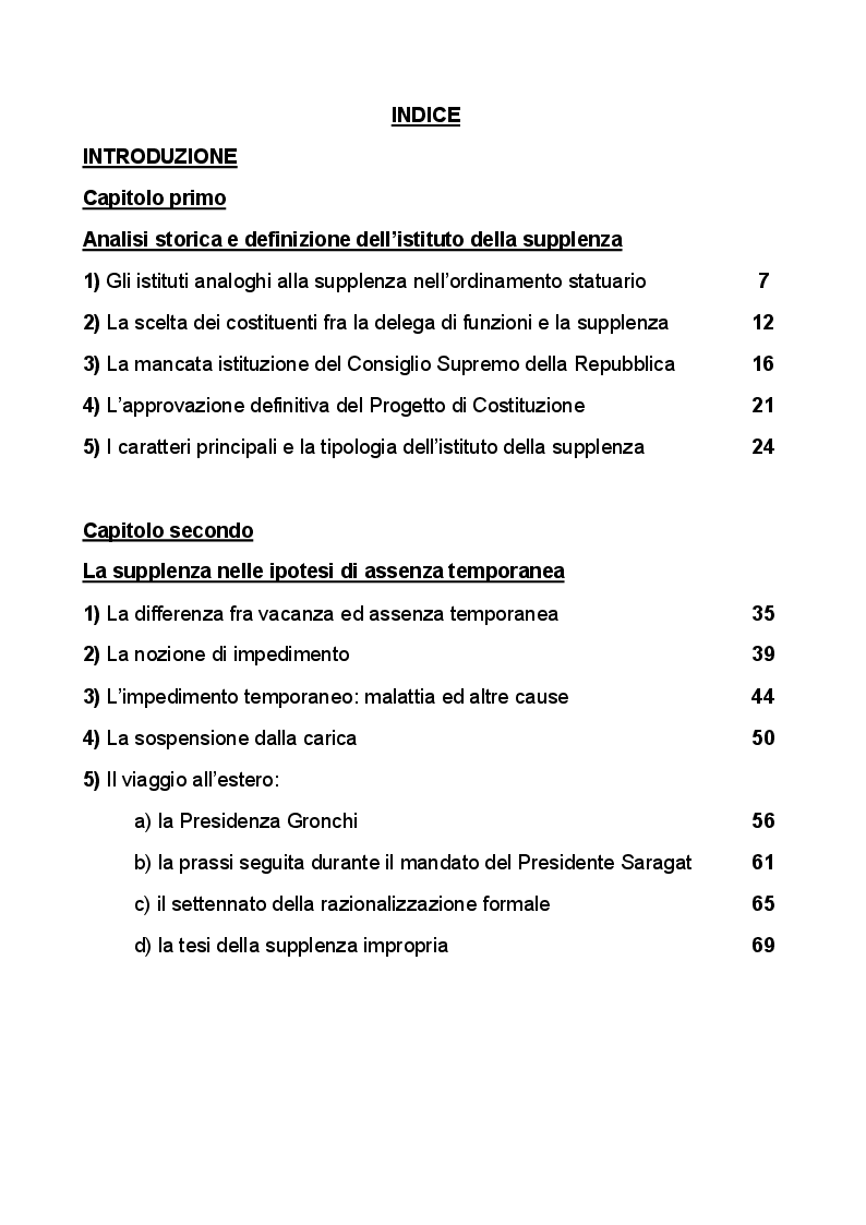 Indice della tesi: La supplenza del Presidente della Repubblica nell'ordinamento costituzionale italiano, Pagina 1