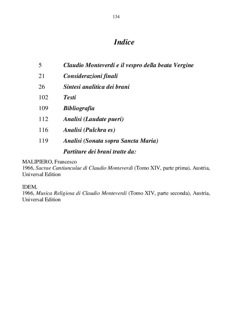 Indice della tesi: Il canto cristiano liturgico nel medioevo e il vespro della beata Vergine di Claudio Monteverdi, Pagina 1