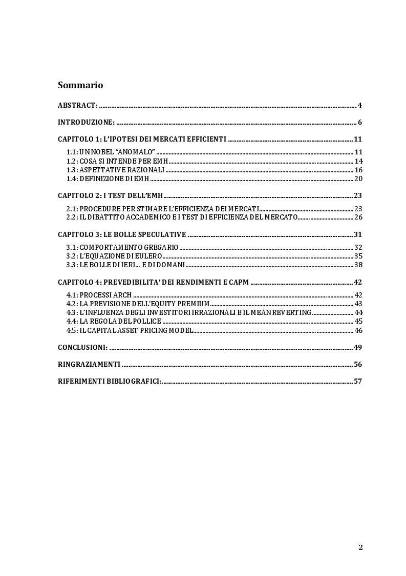 Indice della tesi: La teoria dei mercati efficienti di Eugene Fama e la critica di Robert Shiller, Pagina 1
