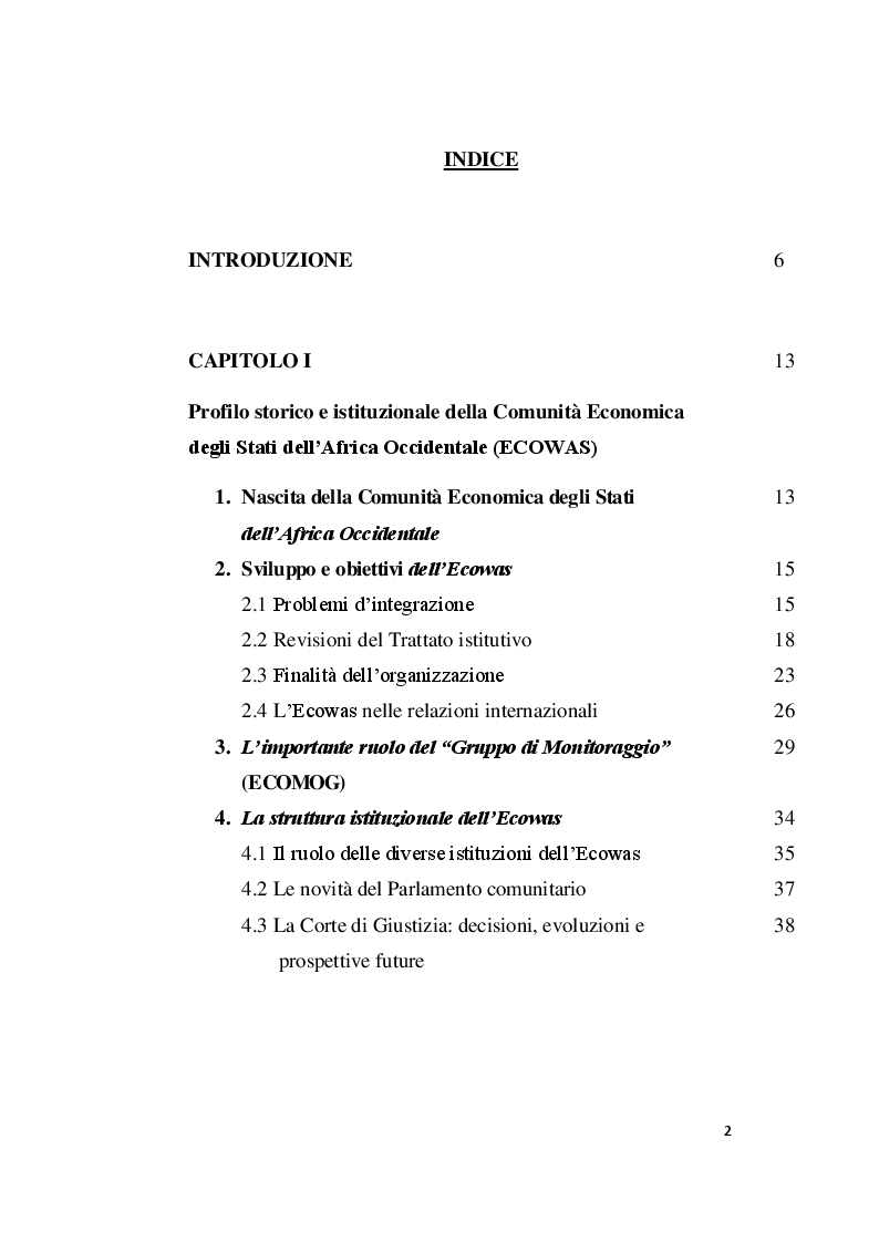 Indice della tesi: La Comunità Economica degli Stati dell'Africa Occidentale: profili comparatistici, Pagina 1