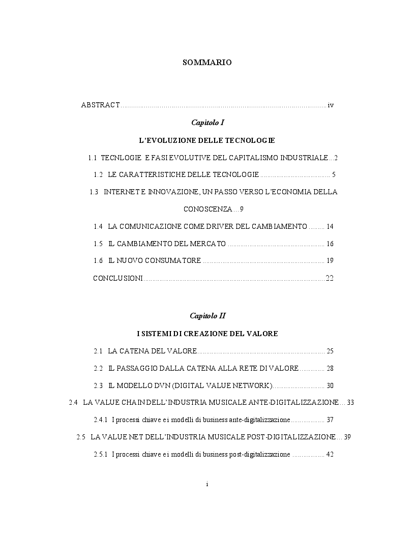 Indice della tesi: La conversione dell'industria musicale attraverso le tecnologie digitali, Pagina 1