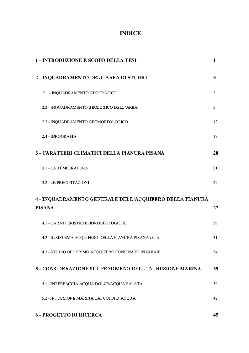 Indice della tesi: L'acquifero confinato in ghiaie della pianura costiera di Pisa: aggiornamento dei dati idrogeologico-geochimici e considerazioni sul fenomeno dell'intrusione marina, Pagina 1