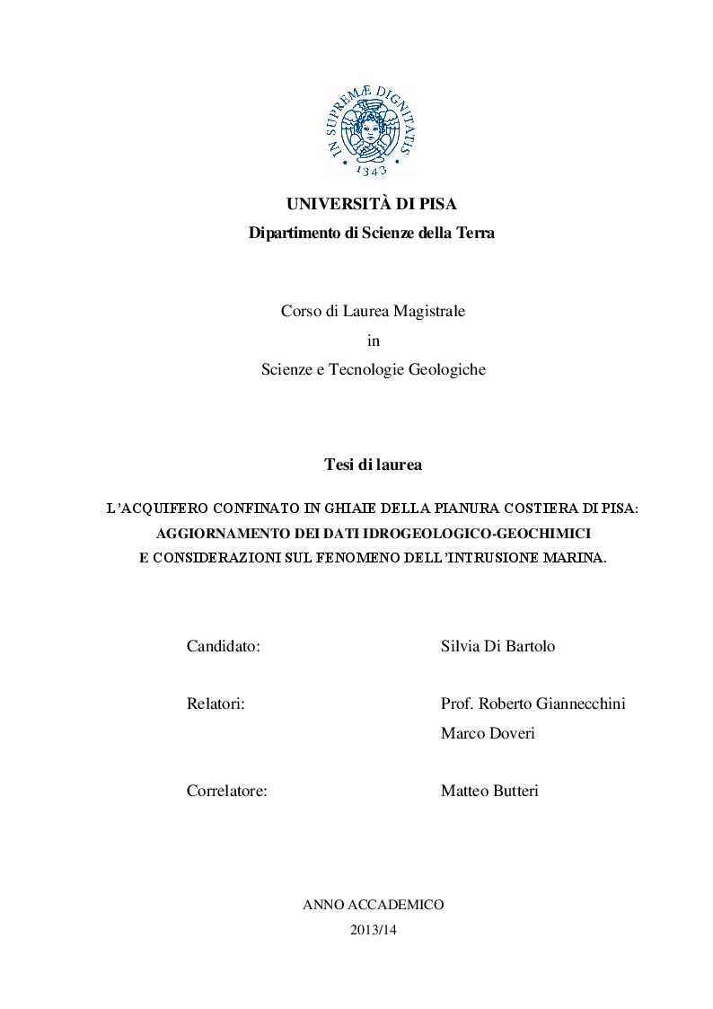 Anteprima della tesi: L'acquifero confinato in ghiaie della pianura costiera di Pisa: aggiornamento dei dati idrogeologico-geochimici e considerazioni sul fenomeno dell'intrusione marina, Pagina 1