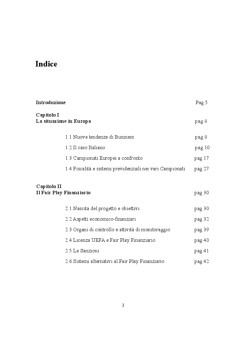Indice della tesi: Il Fair Play Finanziario nelle Società di calcio professionistiche, Pagina 1
