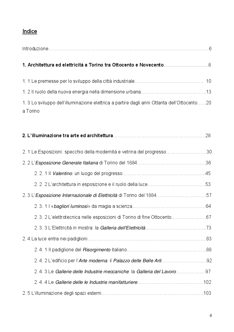 Indice della tesi: Illuminazione e architettura: la luce elettrica alle esposizioni industriali di Torino del 1884 e del 1898, Pagina 1